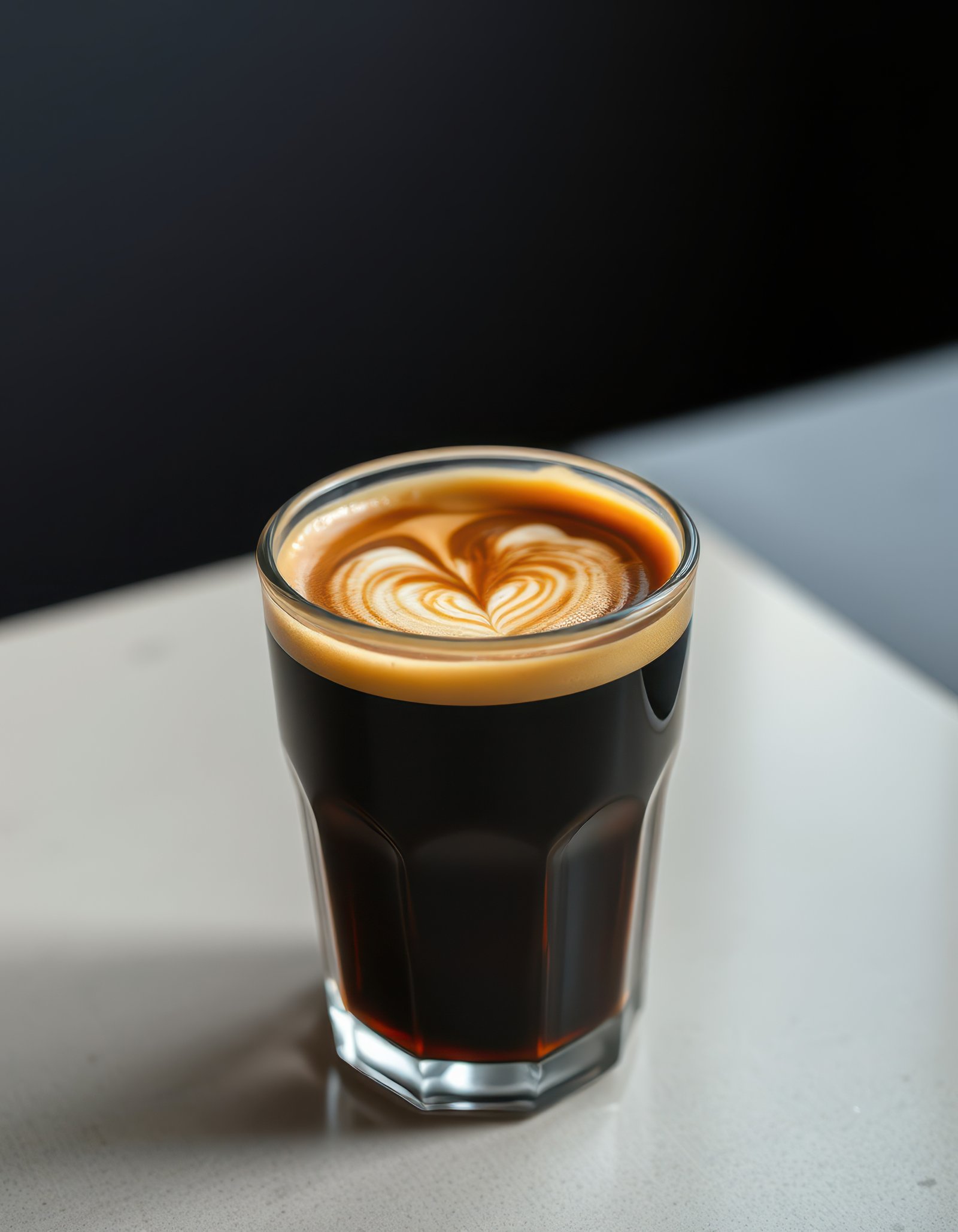 Coffee with intricate latte art sits on a table in a cozy cafe during afternoon hours